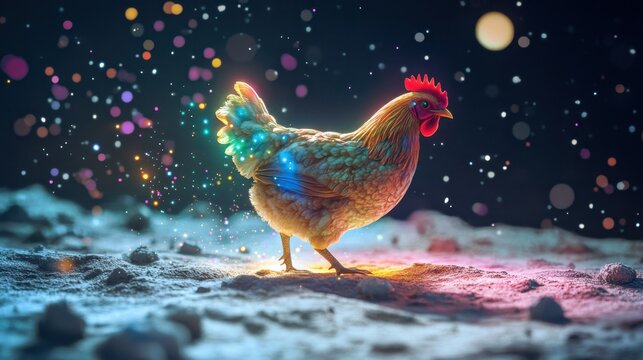 A whimsical chicken with glowing feathers, walking across the moon's surface, leaving a trail of colorful stardust.