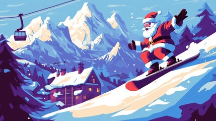 Santa Claus snowboarding down a mountain slope with a cable car in the background during winter season