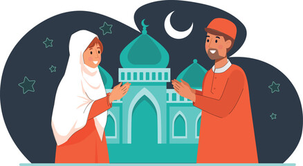 Illustration of Eid Celebration with People Greeting in Front of Mosque Depicts people exchanging Eid greetings in front of a mosque with festive decorations. © doo