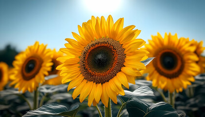Fototapeta premium Sunlit sunflowers in a field, bright sky backdrop; ideal for summer, nature, and agriculture themes