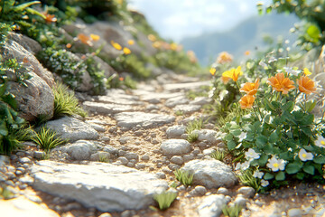 Sunny stone path through mountain wildflowers.  Background mountains, ideal for travel brochures