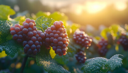 Sunrise vineyard grapes dew drops harvest autumn