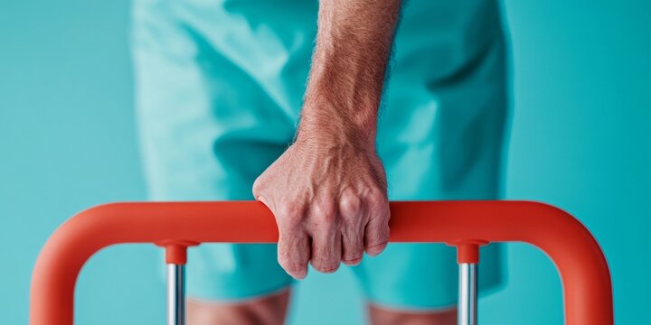 Modern Rehabilitation Insight Male Hand on Vibrant Orange Parallel Bars Against Cyan Backdrop - Innovative Therapy Content and Physical Treatment Marketing