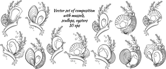 Set of doodle seafood. Vector illustration of mussels, oyster, scallops, lemon, rosemary, olive oil. Set of illustration for design menu.