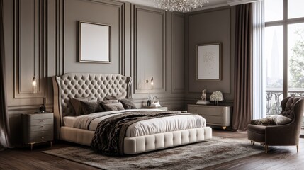Elegant modern bedroom with luxurious furnishings and a neutral color palette