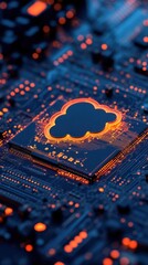 High-tech circuit board with glowing cloud symbol created for digital storage representation at nighttime