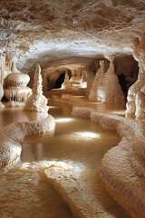 Underground cave river, limestone formations, illuminated waterway, stunning natural wonder, tourism