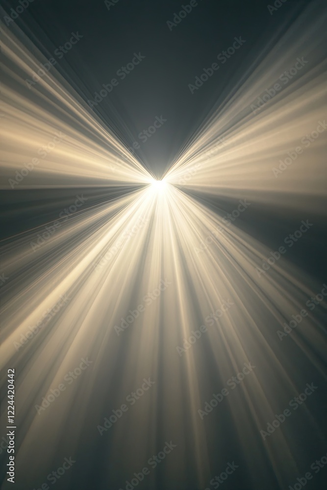 Poster radiating light beams, emanating from a central point, creating a dynamic visual.