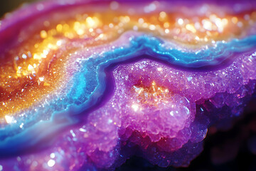 Vibrant gemstone macro, rainbow colors, crystalline structure, dark background, ideal for design