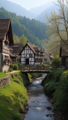 Fototapeta premium Idyllic Mountain Village with Half-Timbered Houses, Wooden Bridge, and Clear Stream Surrounded by Lush Forested Hills in Springtime