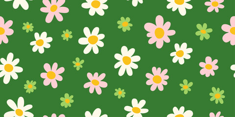 Hand drawn daisy flower seamless pattern. bright green background. Simple vector. Botanical illustration for the design of fabric