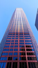 Obraz premium Reaching for the sky, this tall building showcases a stunning design with its reflective glass facade, bathed in sunlight. A breathtaking addition to the cityscape highlights architectural innovation