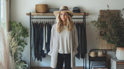 Woman in neutral outfit and hat in cozy boutique with greenery.
