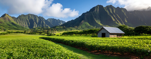 Mountain landscape agriculture tea plantation barn wooden house farmland panorama scenic green nature
