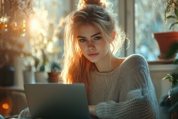Young Woman Working from Home in Serene Office with Natural Light and Cozy Decor