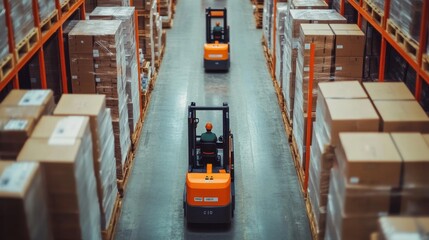Electric forklifts maneuvering through a busy warehouse filled with stacked cardboard boxes in the afternoon