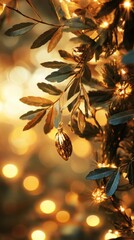 Decorative golden ornament hanging from leafy branch with warm bokeh background creating a festive atmosphere