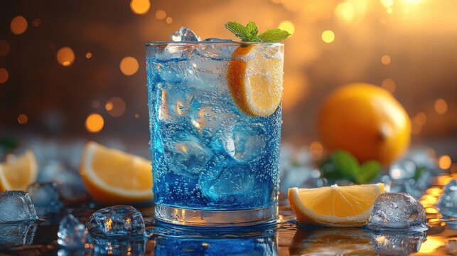 Colorful cocktail glass with blue liquid and scattered ice in bright sunlight