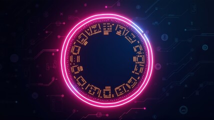 Fototapeta premium Neon Circle Design with Digital Circuit Elements and Chip Patterns