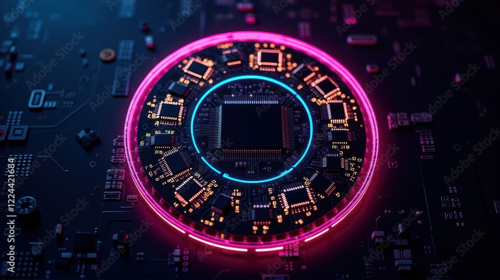 Poster high-tech circuit board with illuminated chip in colorful circle design