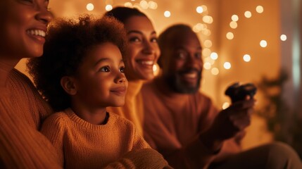 Warm Holiday Family Gaming Cozy Living Room Scene with Motion-Based Sports Game - Cross-Generational Engagement and Cultural Connection in Entertainment Marketing