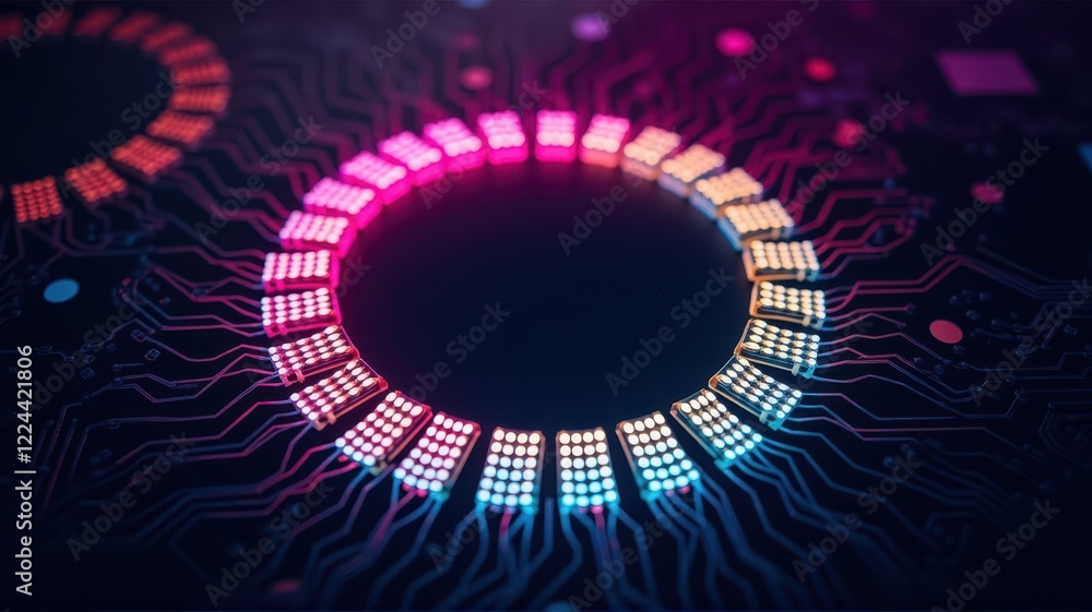 Poster colorful circuit board with led chip in a circular design
