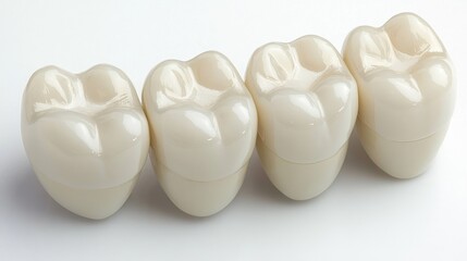 Dental anatomy models arranged in a row displaying realistic tooth shapes and colors for educational purposes