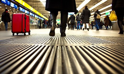 Traveler walking through busy train station with red suitcase, low angle view
