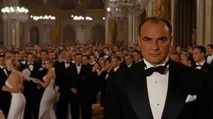 Elegant evening gala featuring a crowd in formal attire at a lavish venue with intricate decor and a prominent figure in the foreground