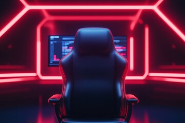 Futuristic Neon Gaming Setup Sleek Synthetic Chair and Curved Monitor in Digital Esports Arena Enhancing Immersive AR Experiences for Gaming Enthusiasts