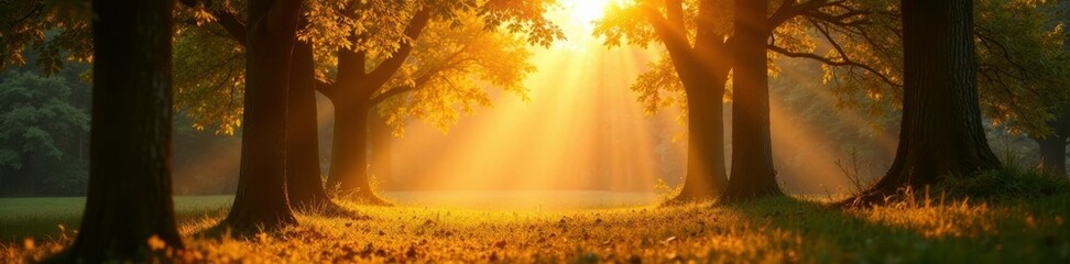 Softly glowing sunlight filters through trees, trees, golden, foliage