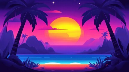 Vibrant sunset over a tropical beach with palm trees and distant mountains