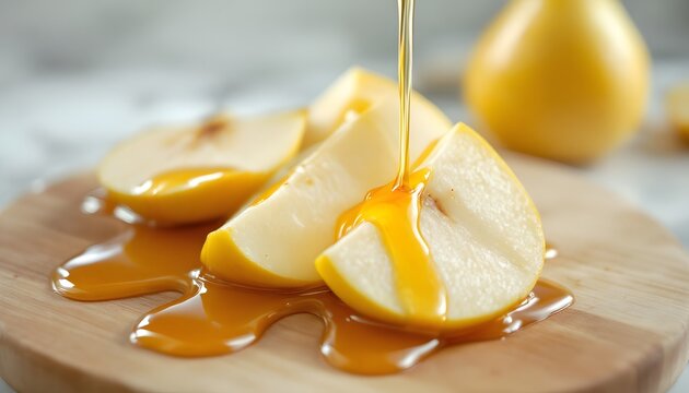 Create a hyper-realistic 8k image of a fresh pear sliced into perfect wedges, with honey being drizzled over the top. The pear should have a crisp, smooth texture with juicy, glistening fles