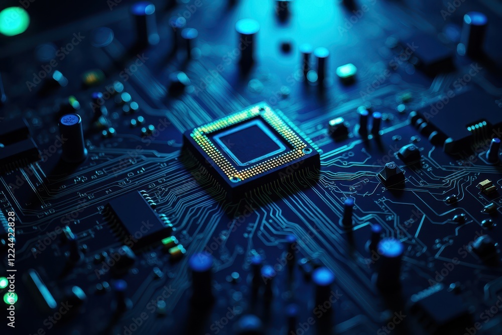 Poster close-up of circuit board with microprocessor under blue light