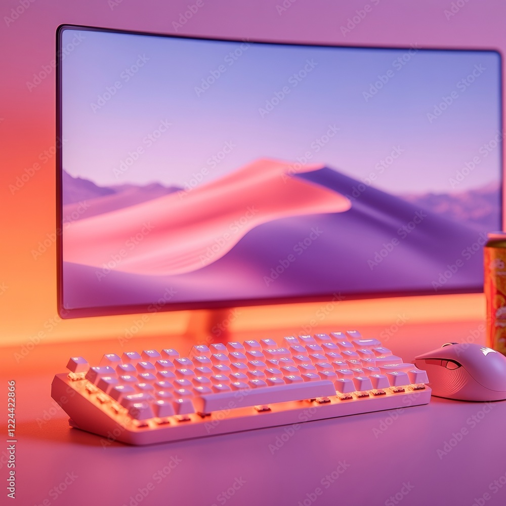 Poster futuristic gaming aesthetic curved led monitor with rgb mechanical keyboard and accessories for prem