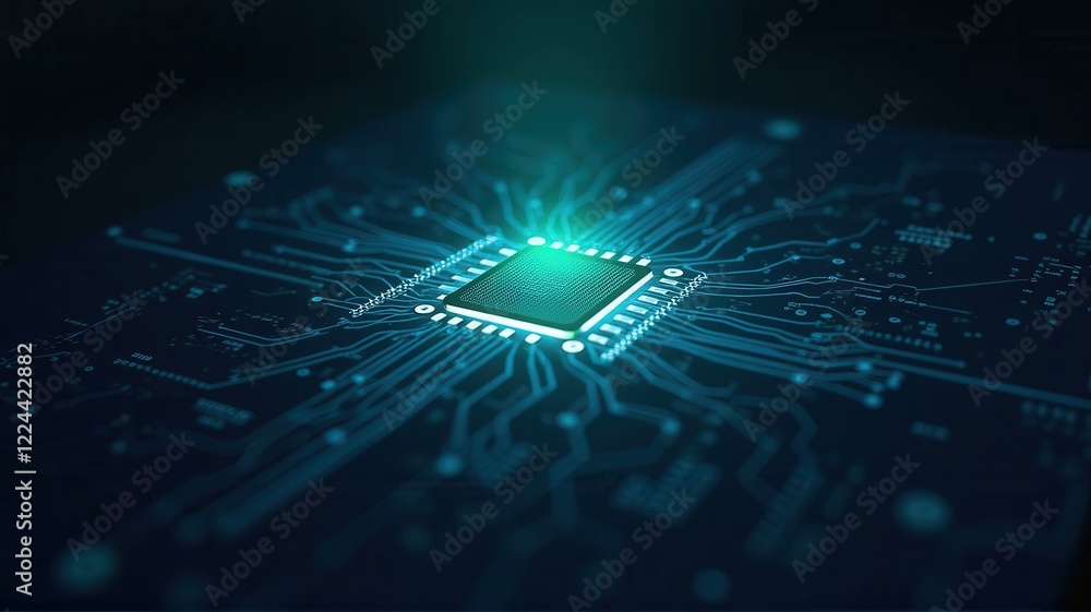 Poster detailed microchip design with circuit board and light effects