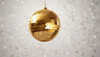Glittering gold disco ball suspended above a pristine white background, party decorations, white background, glamorous