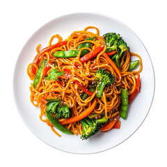 Vibrant Noodle Dish with Colorful Vegetables on White Plate