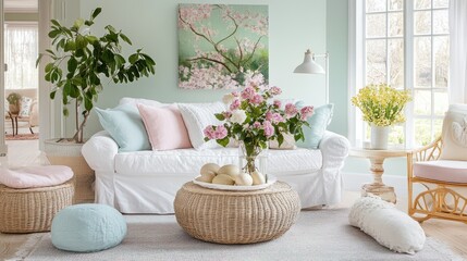 Cozy Living Room with Pastel Decor and Floral Arrangement