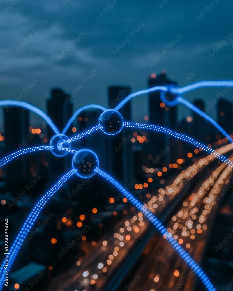 Poster futuristic network visual neon circuitry enhancing urban skyline for smart city iot security - comme