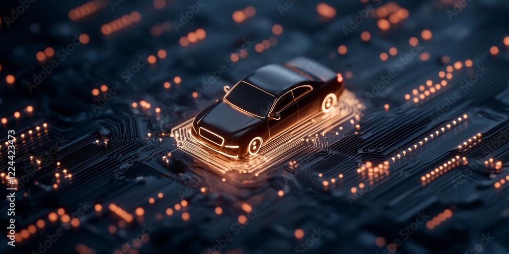Poster futuristic tech aesthetic sleek metal car on microchip circuit board - innovative automotive technol