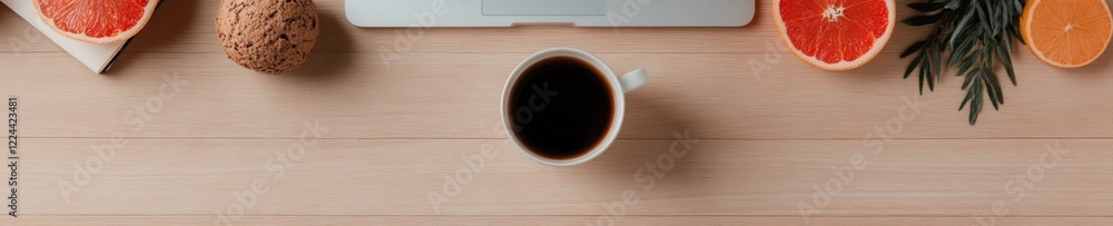 Poster Minimalist Workspace Aesthetic Coffee and Citrus on Wooden Table with Laptop - Vibrant Digital Nomad Content for Modern Coworking Space Promotion and Creative Networking