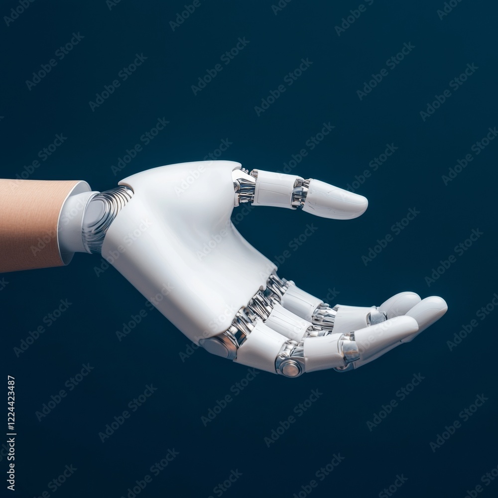 Poster AI-Enhanced Biometric Interface Sleek Robotic Hand with Digital Fingerprint Sensor on Steel Blue Background - Cutting-Edge Cybersecurity and Identity Verification for Fintech