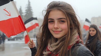 Young girl smiling while holding a flag during a peaceful demonstration in a city square with trees