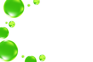 Glowing green 3D liquid bubbles or fluid jelly droplets isolated, transparent background. Aesthetic fresh composition for cosmetology, beauty science, skin care molecular concept.