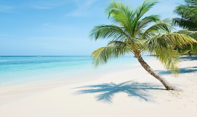 Obraz premium Tropical beach with leaning palm tree, white sand, turquoise water, sunny sky