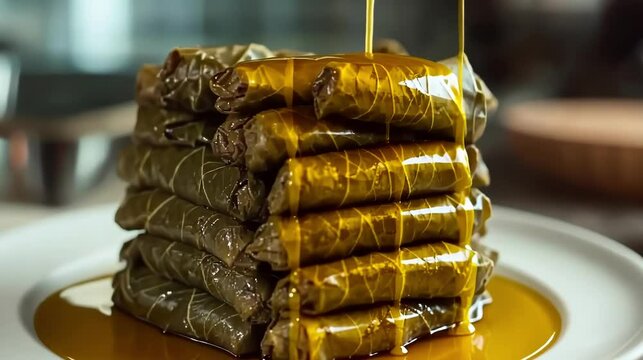 Savory dish of rolled vine leaves with sauce.