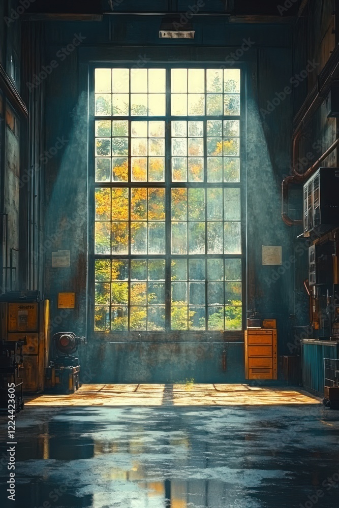Poster futuristic warehouse with autonomous robots and advanced technology in high-tech industrial setting