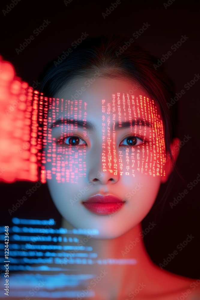 Poster neon cyber aesthetic east asian woman in dim room with binary glow - advanced cybersecurity content 