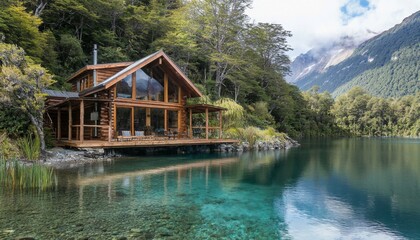 Fototapeta premium cozy wood cabin overlooking a pristine lake, framed by dense forests and majestic mountains, showcasing the tranquility of the natural landscape